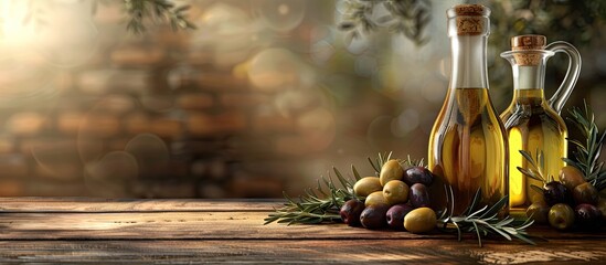 Canvas Print - A wooden table showcases preserved olives olive oil bottles and rosemary twigs creating a picturesque display with copy space image