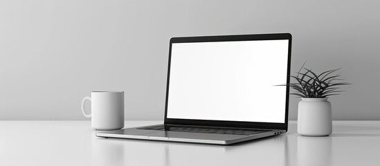 Poster - A laptop with a blank screen and a white mug placed on a white table provides a clear copy space image