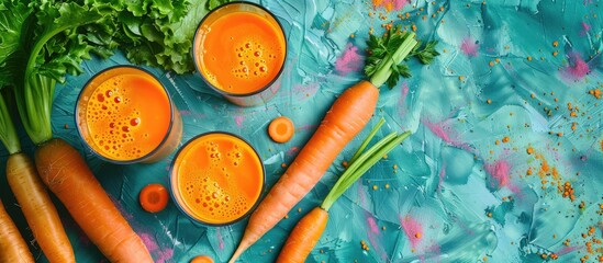 Poster - Above view of fresh vegetables surrounding glasses of healthy carrot juice on a colorful textured table providing a copy space image