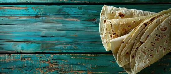 Poster - Thin lavash on a green wooden surface with copy space image