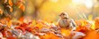 © Alena - A tiny chick standing among vibrant autumn leaves, symbolizing new life contrasting with seasonal change.