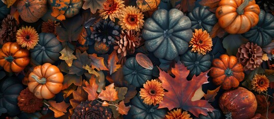 Poster - An aerial view of a fall themed arrangement with diverse pumpkins fallen leaves chrysanthemums and space for text or design perfect as a copy space image