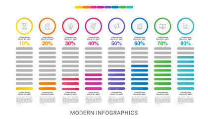 Vector infographic design template. Modern concept with 8 steps. Creative timeline with graph elements, percentage circles and icons. Performance analysis in percent