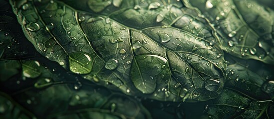 Canvas Print - A detailed shot showing water droplets on a leaf perfect with copy space image