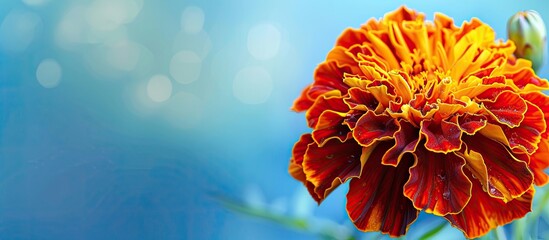 Poster - A marigold blossom with red and yellow hues set against a blue sky background for a striking copy space image