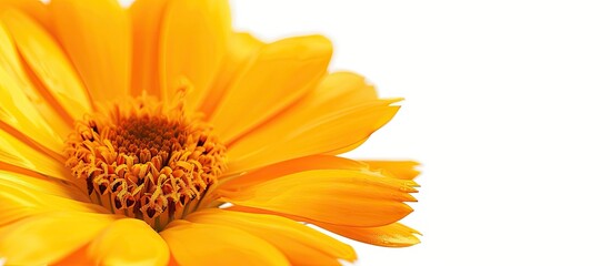 Sticker - A close up of a calendula flower in yellow orange hues against a pure white backdrop with copy space image