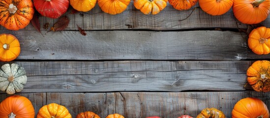 Canvas Print - Wooden background with a frame of various fresh pumpkins creating a rustic copy space image