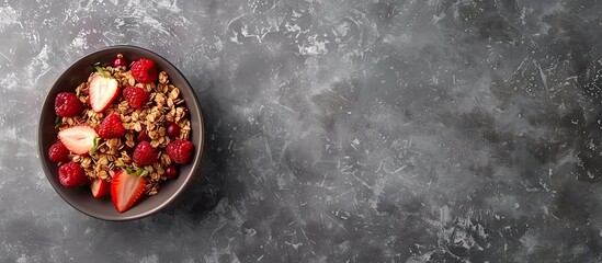Aufkleber - Flat lay of delicious granola topped with fresh fruits on a grey surface with available copy space image