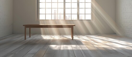 Fototapete - Modern empty room with light coming through window wall presenting a table with ample copy space image
