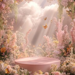 Sticker - A pink podium sits surrounded by soft, pastel flowers, butterflies, and sunlight beams in a whimsical, dreamy scene.