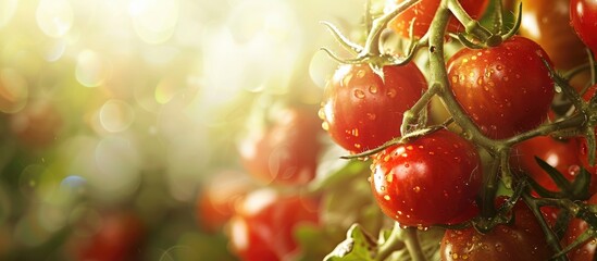 Aufkleber - A close up photo of fresh organic tomatoes growing on a vine at a local farm providing a background with ample copy space for text