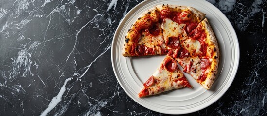 Wall Mural - Pizza slice being bitten on a white plate against a black marble backdrop with copy space image