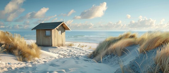 Poster - A polyester structure like a cabin or shed situated on the sandy beach with ample copy space image