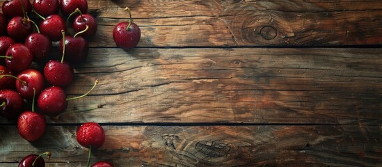 Canvas Print - Top down view of ripe cherries displayed against a rustic wooden backdrop ideal for a copy space image