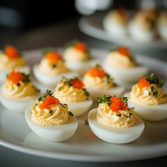 Poster - A plate of deviled eggs garnished with red caviar and fresh herbs.