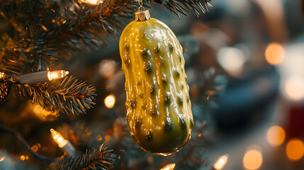 Christmas Pickle Ornament on Tree with Lights