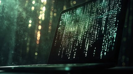 Laptop with green code on dark background symbolizes programming and hacking, showcasing modern technology and cybersecurity in the digital world