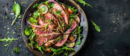 Poster - Smoked duck meat salad with natural fresh ingredients placed on a rustic table with a top view for a copy space image