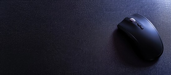 Poster - Close up shot of a wireless mouse on a black textured table with a mousepad providing ample copy space in the image