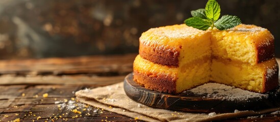 Brazilian cake and slices of cornmeal on a wooden table with copy space image representing traditional Minas Gerais and Brazilian cuisine