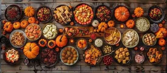 Sticker - Halloween themed dinner party display featuring a variety of festive foods candies and snacks adorned with spooky decorations like pumpkin buckets set against a wooden backdrop with a top down view a