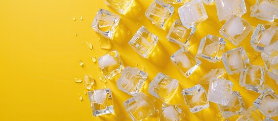 Leinwandbilder - Yellow backdrop featuring transparent ice cubes perfect for text placement in a flat lay copy space image