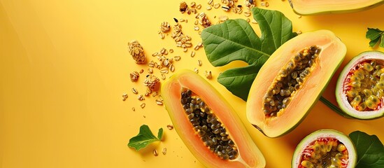 Aufkleber - Halved papayas rucola and granola with copy space set on a yellow background alongside slices of sweet papaya and passion fruit