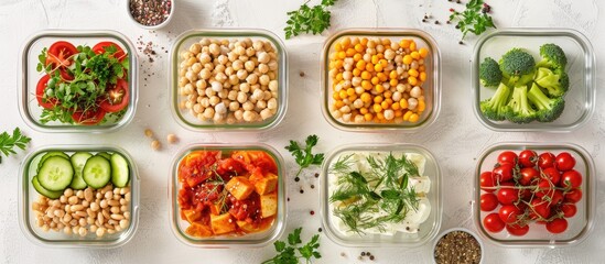 Aufkleber - Glass containers with various healthy meals on a white backdrop in a flat lay composition with ample space for text in the image