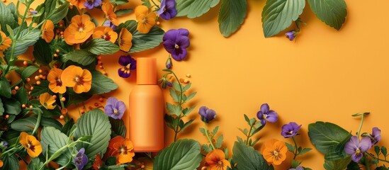 Poster - An orange paper cosmetic bottle surrounded by viola flowers and leaves provides a charming frame for your text in this versatile copy space image