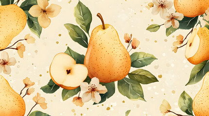 Wall Mural - Watercolor Pear Seamless Pattern Autumn Fruit Design