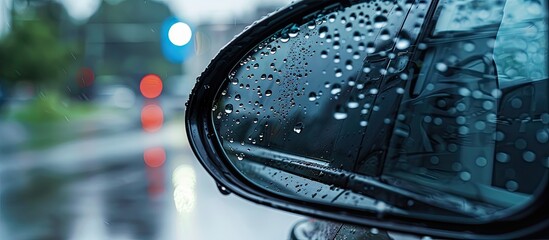 Sticker - Close up image of water droplets on a car s side mirror and windows with empty copy space posing a risk for drivers following rainfall