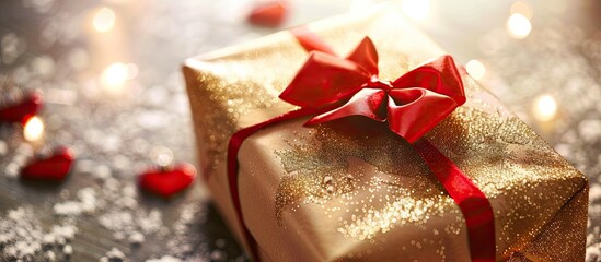 Aufkleber - A beautifully wrapped Christmas gift adorned with gold paper a red bow and three heart decorations against a copy space image