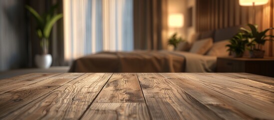 Poster - A wooden table stands empty with a blurred bedroom backdrop offering a space for displaying advertising products against a lovely background in the image. Creative banner. Copyspace image