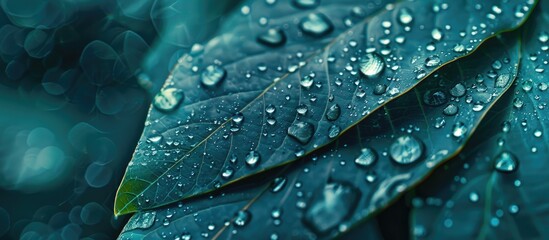 Aufkleber - A stunning close up shot capturing water droplets on a leaf after rain illustrating a nature theme with copy space image