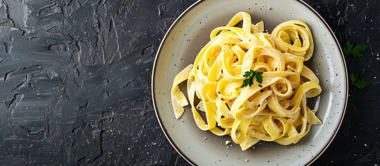 Aufkleber - Top view of a plate with homemade Baked Boursin Pasta on black background with copy space image