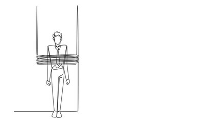 Poster - Self drawing animation of single one line drawing the businessman stands, tied to a large column. Unable to pay debts. Have no assets to mortgage. Become a business guarantee. Full length animated