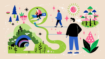 Vibrant Illustrated Park Scene with People Enjoying Outdoors