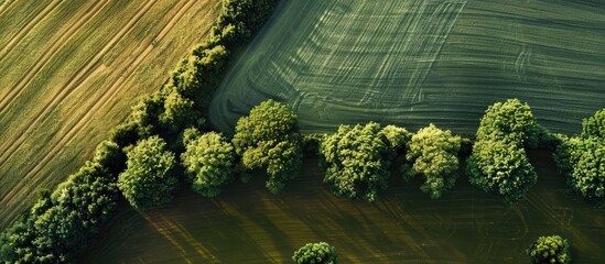 Rural farmland aerial view showcasing trees and fields Background features a serene rural scene with copy space image