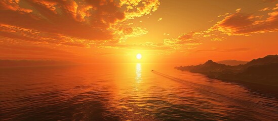 Poster - Sunset reflecting on a lake with an orange sky seen from above in a captivating view with copy space image available
