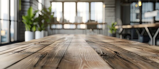 Fototapete - An empty wooden table in a modern office with a blurred background sets a perfect stage for product displays in a copy space image