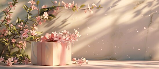 Aufkleber - Spring flowers decor and an elegantly wrapped gift box displayed on a light background with a copy space image