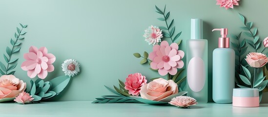 Wall Mural - Facial cosmetic products showcased with paper flowers on a light green backdrop offering a visually appealing copy space image