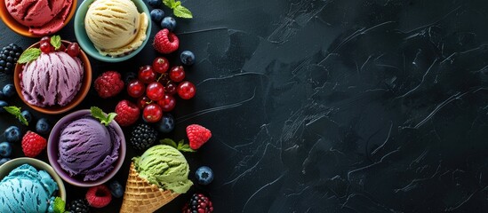 Poster - Colorful ice cream bowls and cones with berries on a black background offering a variety of flavors seen from the top with ample copy space image