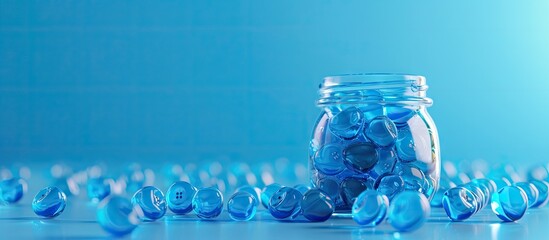 Aufkleber - Blue jar filled with jelly candies on a matching blue backdrop with room for a text overlay in a copy space image