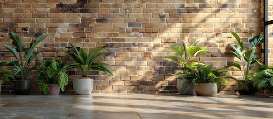 Poster - Houseplants arranged on the floor against a brown brick wall creating a composition with copy space image