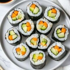 Poster - A plate of vegetarian sushi rolls with avocado, cucumber, and carrot, topped with sesame seeds.