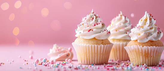 Aufkleber - Cupcakes with intricate decorations on a pink backdrop perfect for a gender reveal party with copy space image