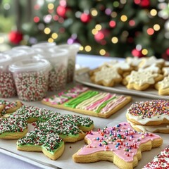 Canvas Print - A platter of decorated Christmas cookies with sprinkles and icing in front of a blurred Christmas tree.