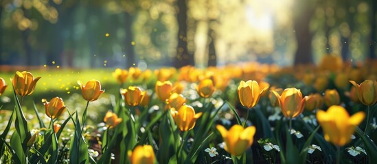 Aufkleber - Sunny park scene with vibrant yellow tulips ideal as a copy space image