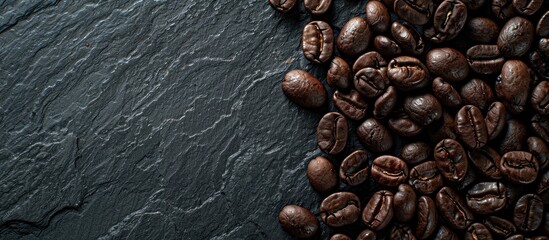 Poster - A top view closeup of freshly roasted coffee beans on a black stone background providing ample copy space for text or images